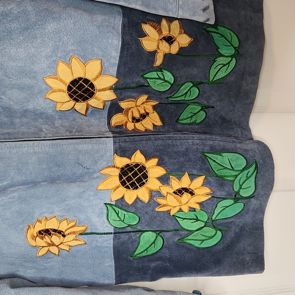 Quaker Factory blue leather embroidered sunflower jacket zipper size medium - Picture 4 of 14
